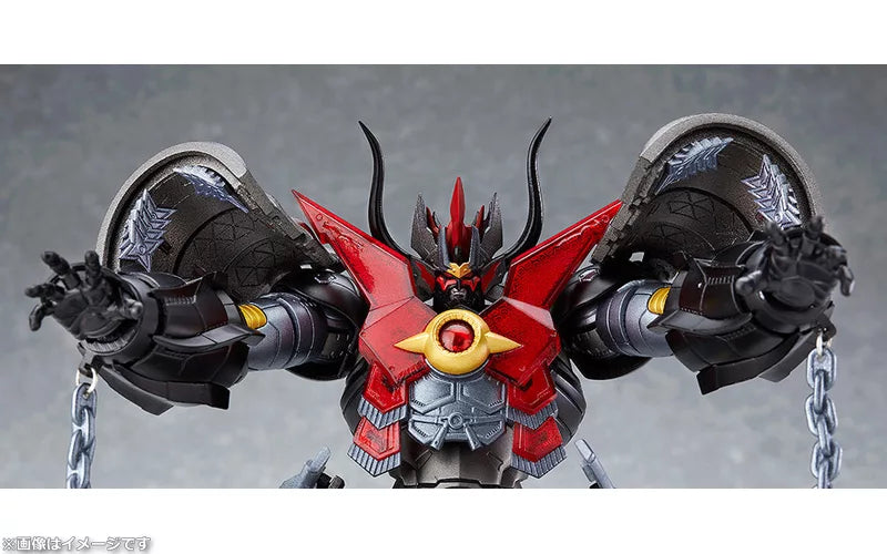 A red-and-black armored robot figure with raised arms and chain accessories on a gray background.
