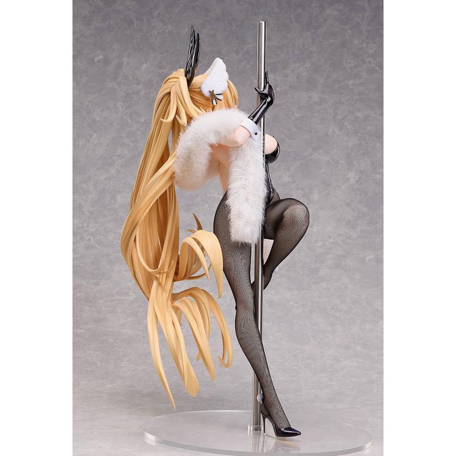 Side view of a blonde bunny figure with a white fur wrap, black tights, and a pole on a clear base.