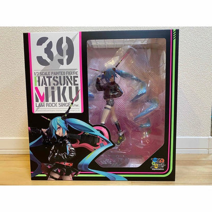 A boxed Hatsune Miku figure is shown inside its window packaging on the floor.