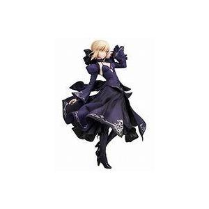 A blonde anime figure in a dark purple dress posed against a white background.