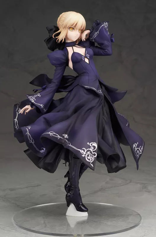 Blonde anime figure in a flowing dark purple dress on a clear round base
