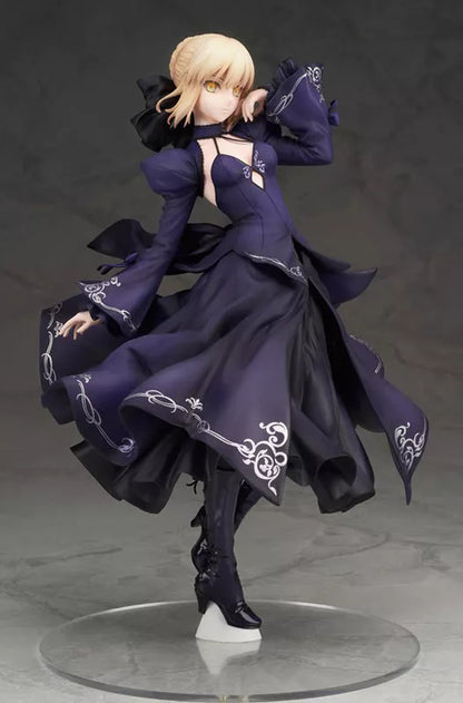 Blonde anime figure in a flowing dark purple dress on a clear round base