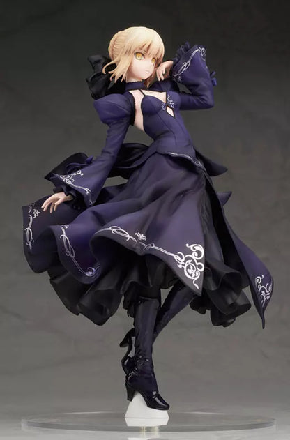 Blonde anime figure in a dark purple dress posing on a clear stand