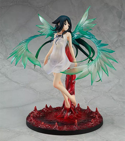 A figure of Saya standing on a red base with translucent green wing-like parts.