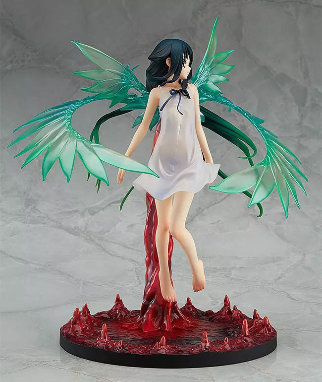 A winged anime girl figure stands on a red base against a light studio background.