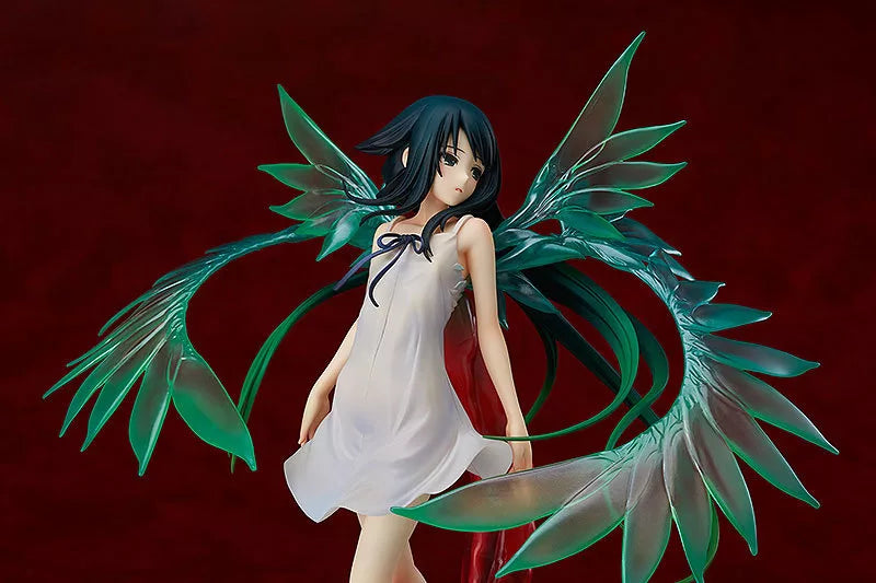 A winged anime girl figure in a white dress against a dark red background.