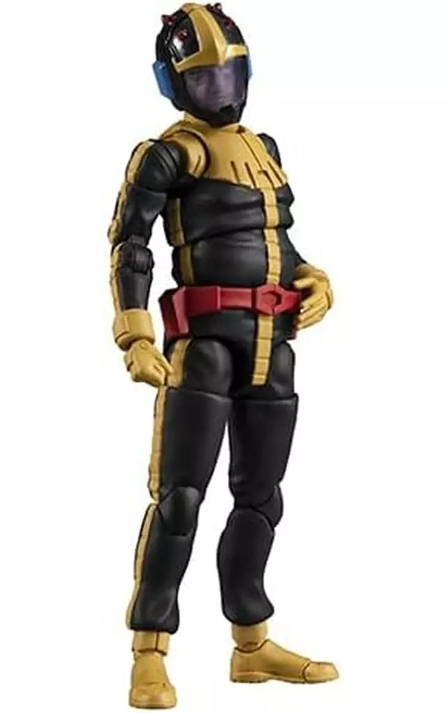 A black-and-gold armored figure in a helmet stands on a white background.