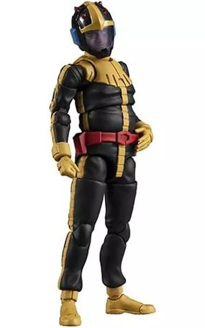 A black-and-gold armored figure in a helmet stands on a white background.
