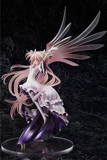 Pink-haired winged anime figure posed on a clear base against a dark textured background