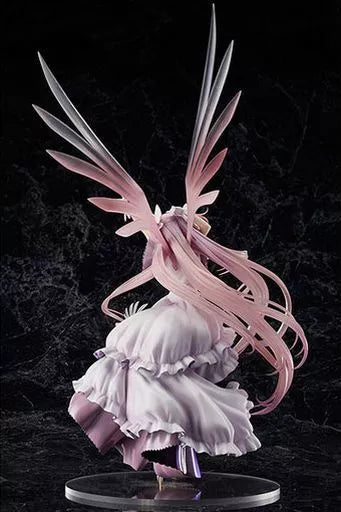 Pink-winged anime girl figure shown from the back on a clear stand against a dark background.