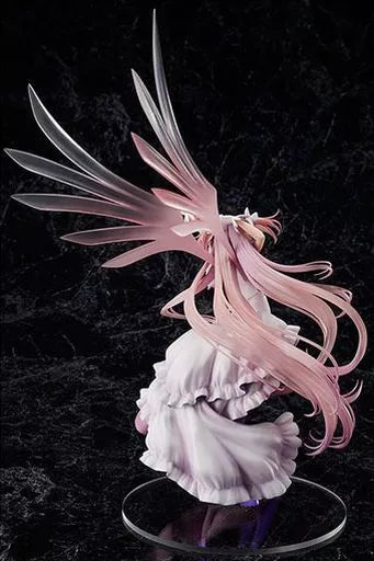 Pink-haired winged figure posed on a clear round base against a dark background