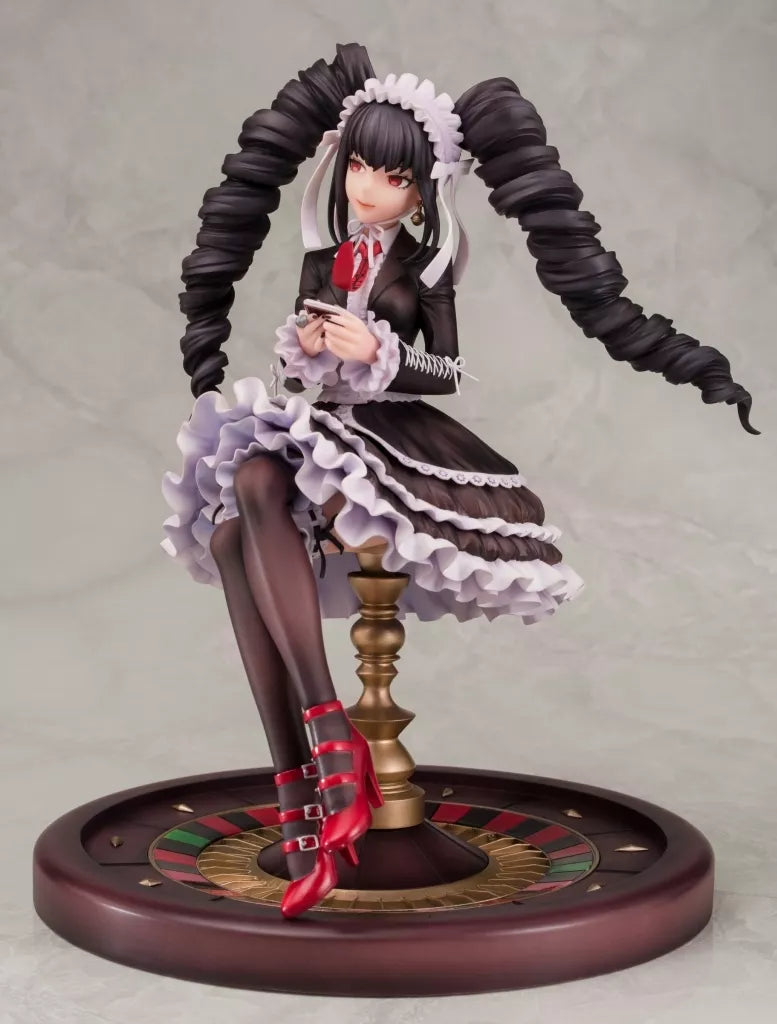 A seated anime-style figure in a black and white maid outfit on a roulette-themed base.