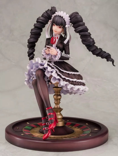 A seated anime-style figure in a black and white maid outfit on a roulette-themed base.