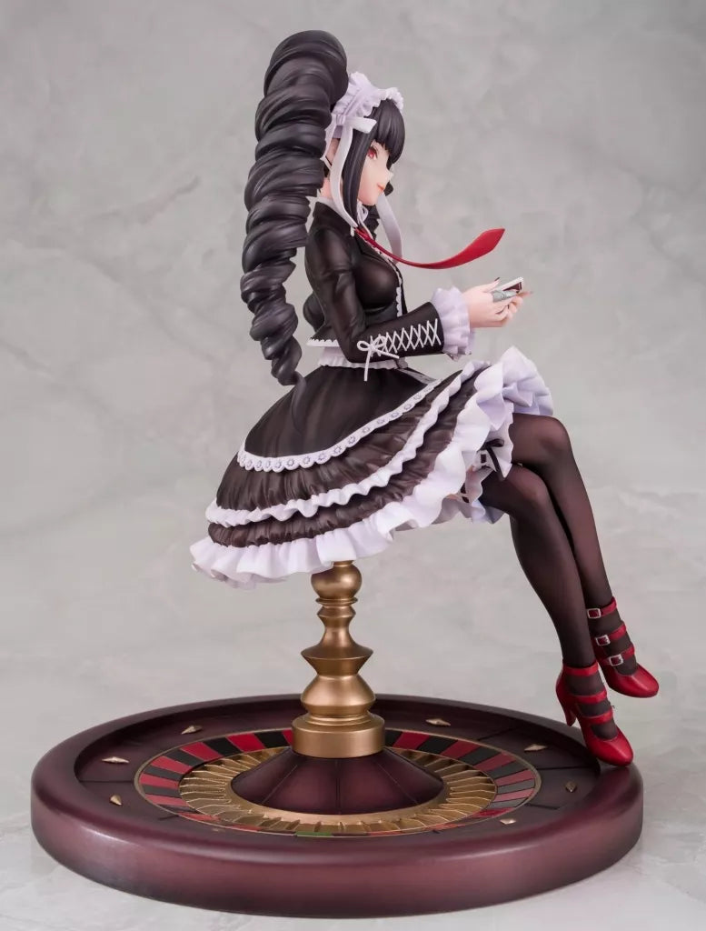 A seated female figure in a black-and-white maid outfit on a round decorative base.