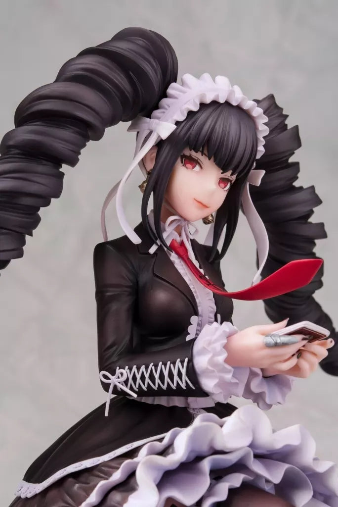 A Celestia Ludenberg figure in a black maid outfit holding playing cards.
