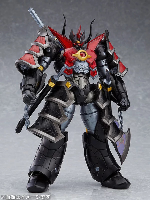 A horned black-and-red armored robot figure standing with weapons.