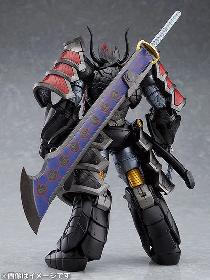 A horned black armored robot holding a large sword on a gray studio background.