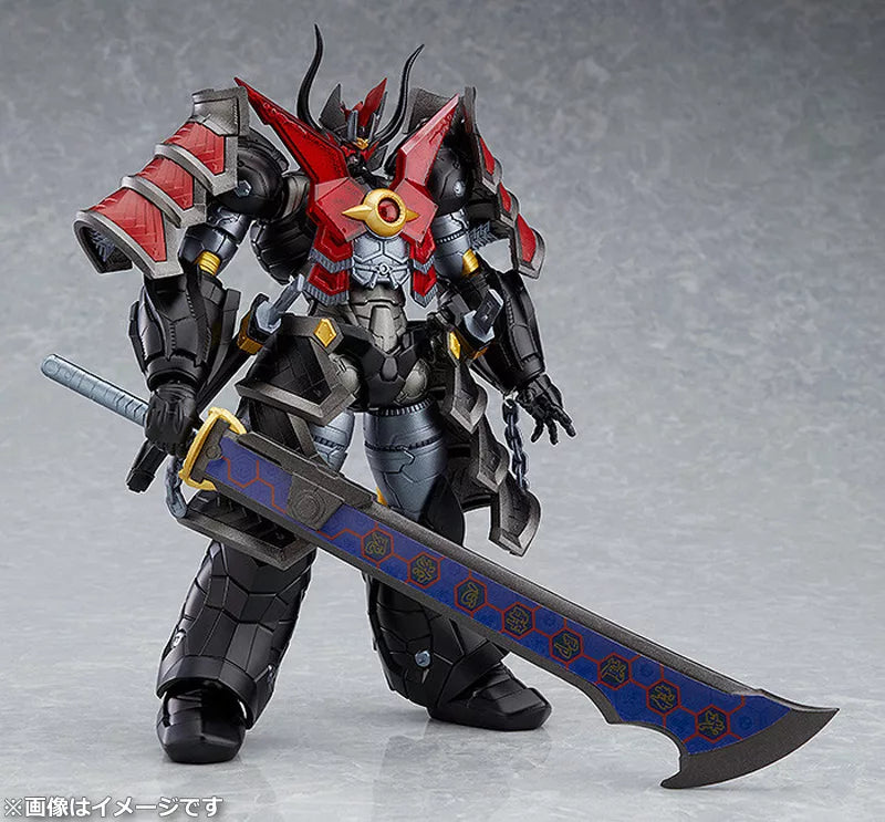 A black and red armored mecha figure holding a large sword.