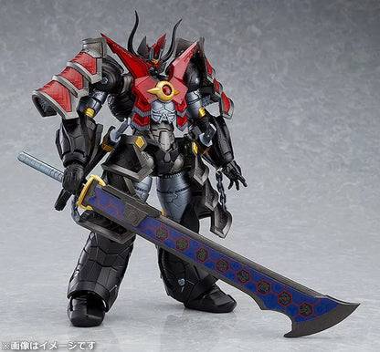 A black and red armored mecha figure holding a large sword.