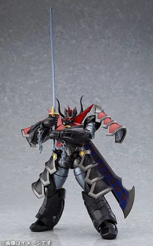 A black and red armored mecha figure holding a long sword on a gray studio backdrop.