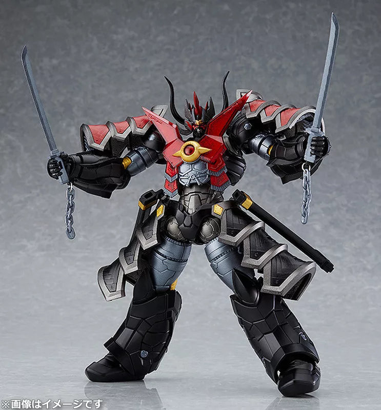 A black-and-red mecha figure holds two swords on a gray studio background.