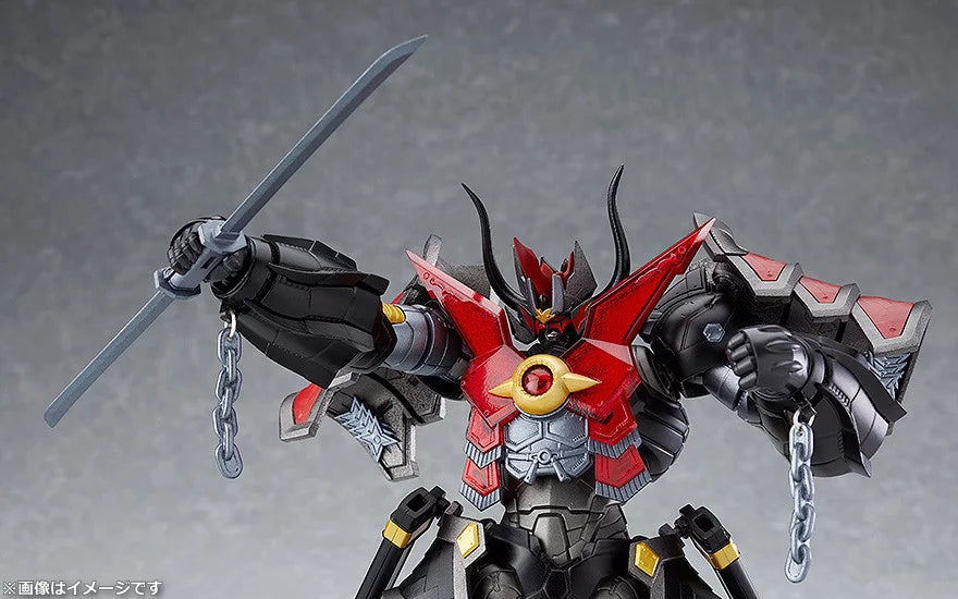 A red-and-black armored robot figure holding a long sword and chains.