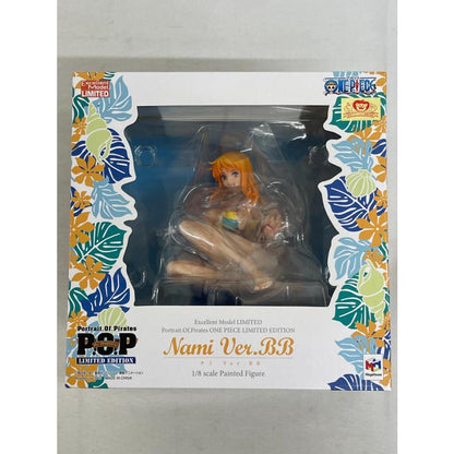 A boxed Nami Ver.BB figure visible through a clear window with floral border art.