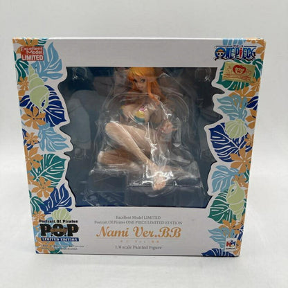 Front view of a boxed One Piece Nami Ver.BB figure visible through the clear window.