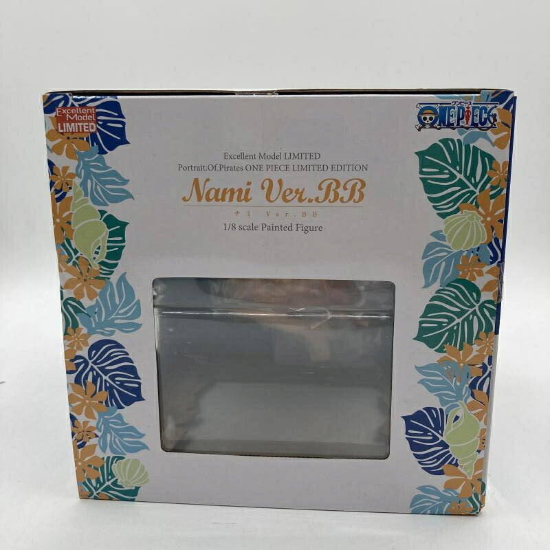 Front of a One Piece Nami Ver.BB retail box with a clear window and tropical floral border.