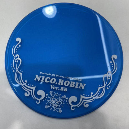 Blue circular display base with Nico Robin Ver.BB lettering and white decorative graphics; no figure visible.