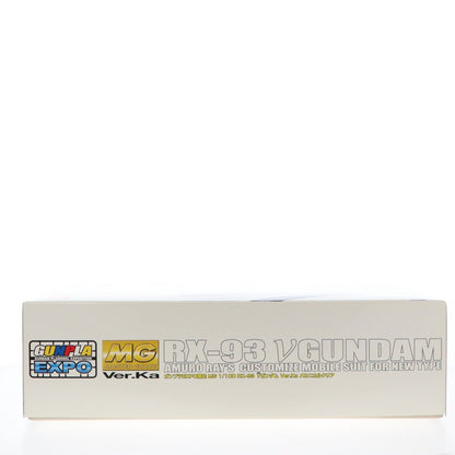 Side of a Gunpla EXPO MG RX-93 Nu Gundam Ver.Ka Mechanical Clear box on a white background.