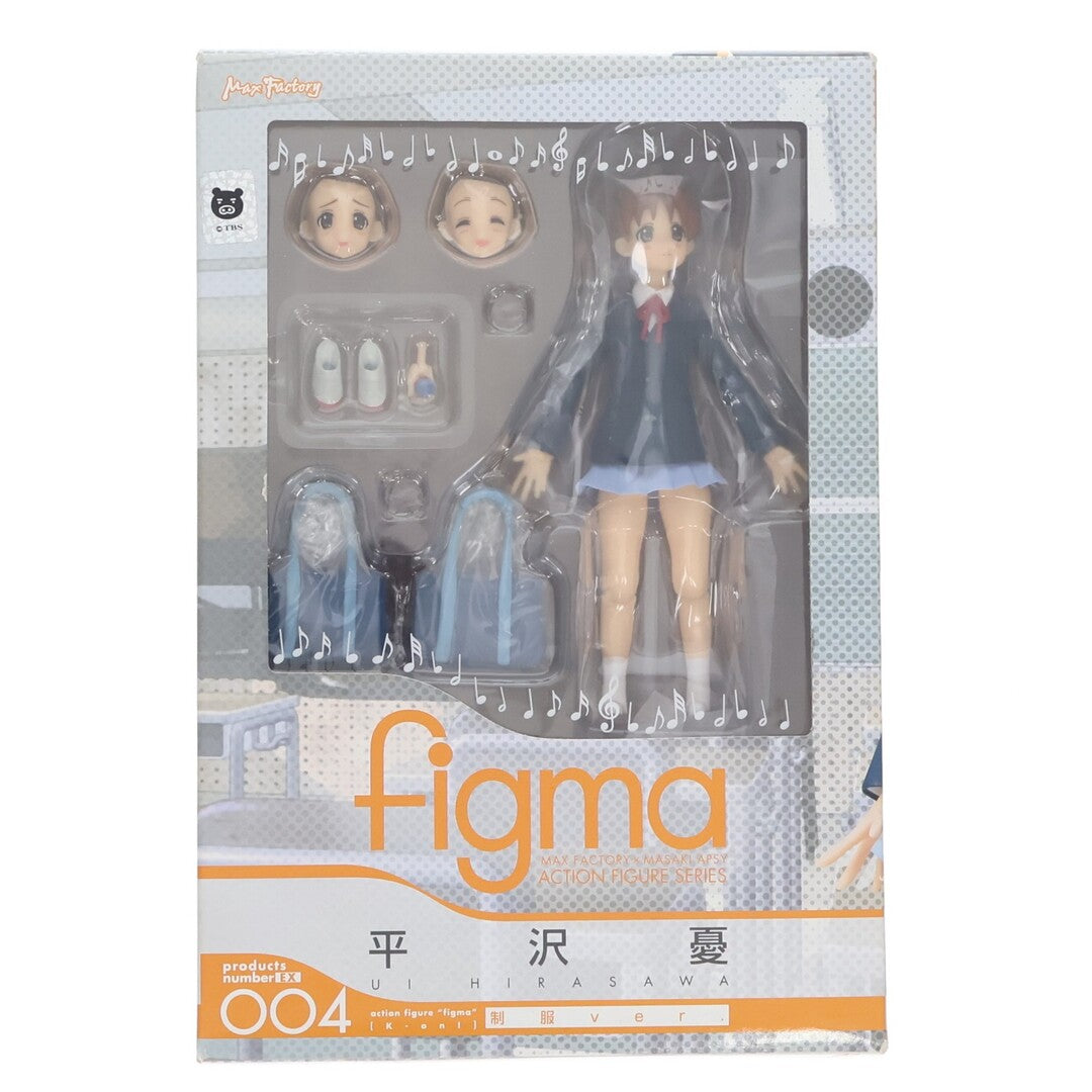 Front of a boxed figma Ui Hirasawa in school uniform, with alternate faces, shoes and blue bags visible.