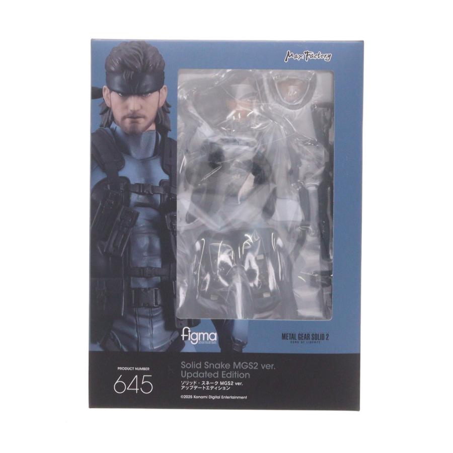 A boxed figma Solid Snake figure in a blue retail package with a clear window.