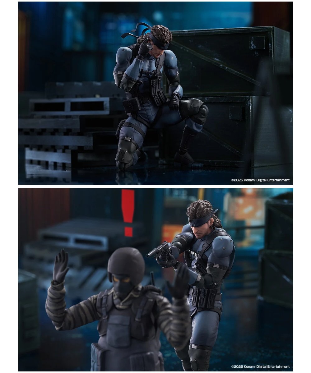 Two promo photos of a Snake action figure posing with a pistol in a dark industrial scene.