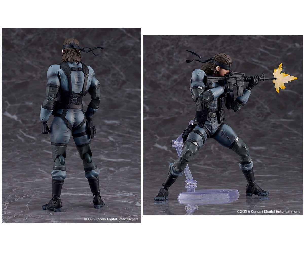 Two studio photos of a tactical action figure, one from the back and one firing a rifle.