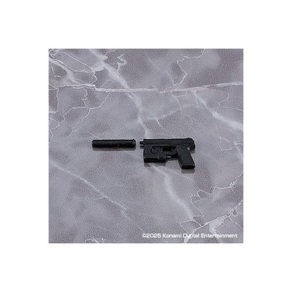 A black handgun accessory with a suppressor on a gray patterned surface.