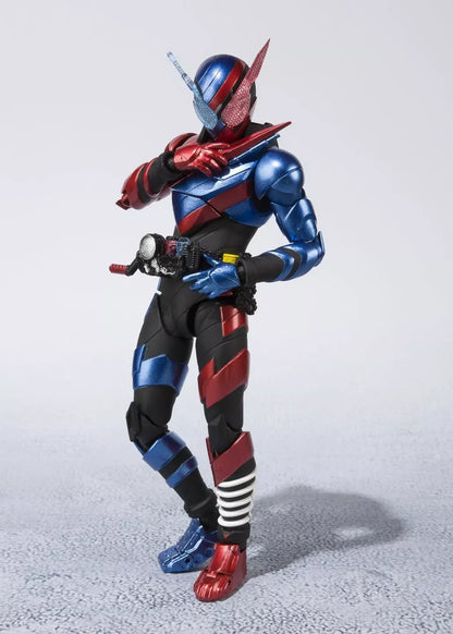 Kamen Rider Build Rabbit Tank Form figure posed with red and blue armor against a light background.