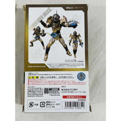 Back of an S.H.Figuarts Kamen Rider Grease box with figure photos, Japanese warnings and a barcode.