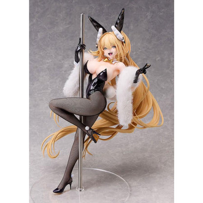 Blonde bunny figure in a black outfit and fishnet stockings, posed around a pole on a clear round base.
