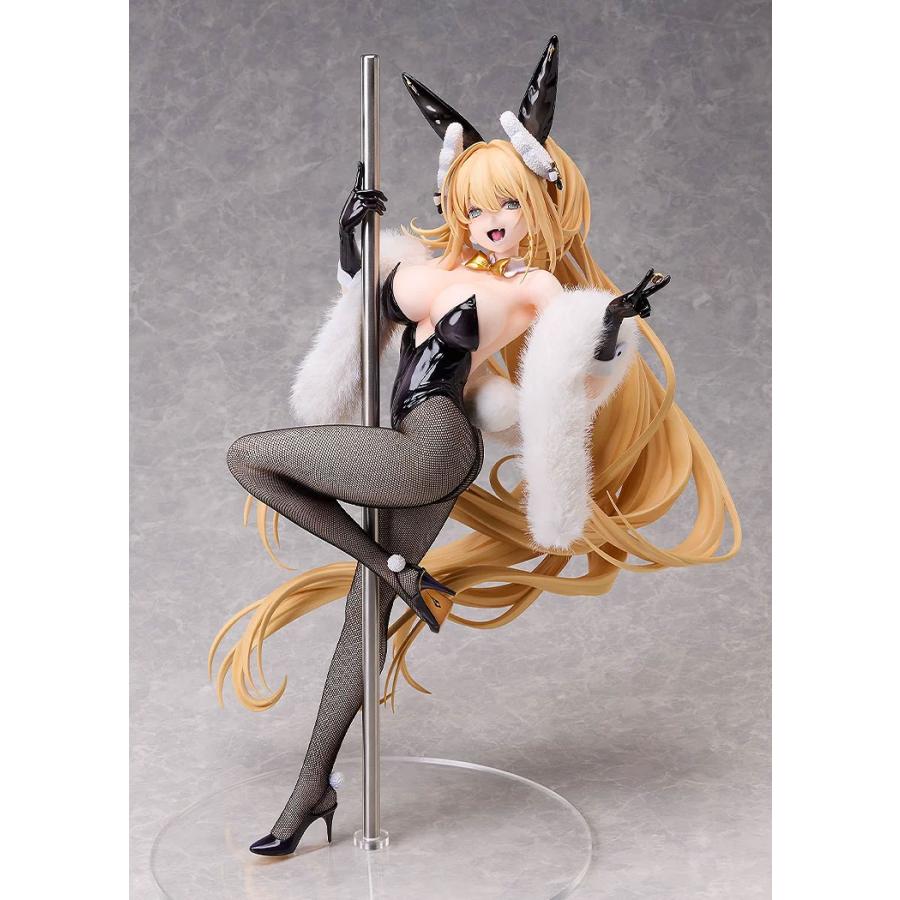Blonde bunny figure in a black outfit and white fur wrap, posing beside a pole on a clear round base.