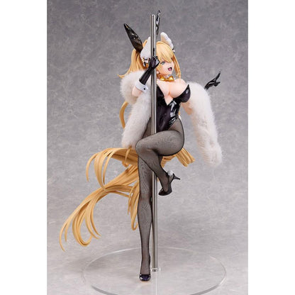 Blonde bunny-suited figure with a white fur stole posed against a silver pole on a clear round base.