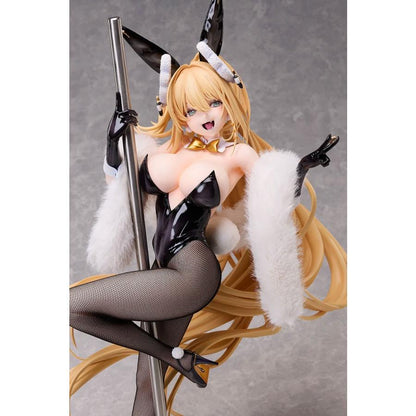 Blonde bunny figure in a black outfit and fishnet tights, holding a pole with white fur draped over her arms.