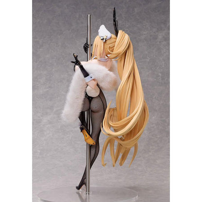 Rear view of a blonde bunny figure with a long ponytail, white fur wrap, black stockings and a pole.