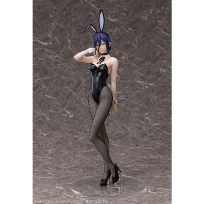 Reze bunny figure in a black outfit and fishnet tights on a clear round base against a marble backdrop.