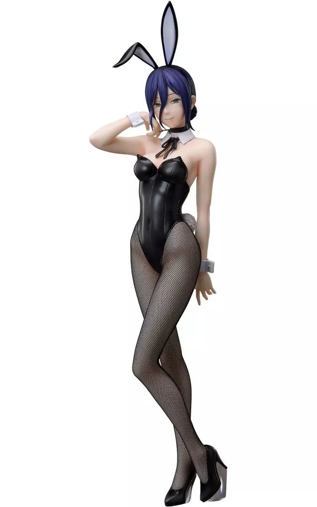 Reze bunny figure with purple hair, black bunny ears and suit, fishnet tights, and crossed legs.
