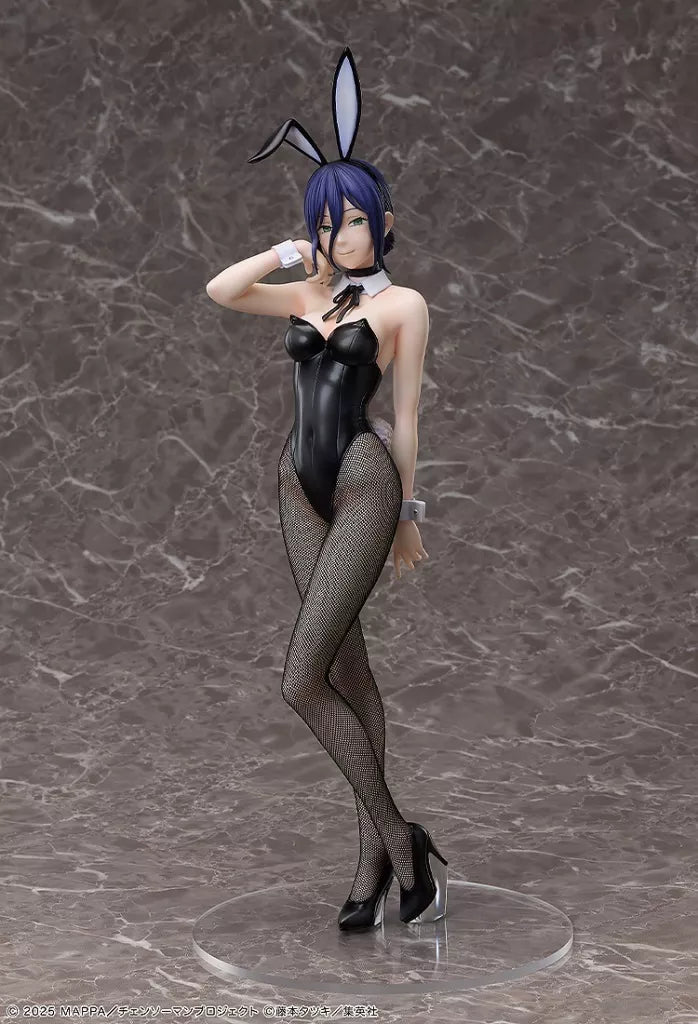 Reze bunny figure in a black bunny suit and fishnet tights on a clear round base against a marble backdrop.