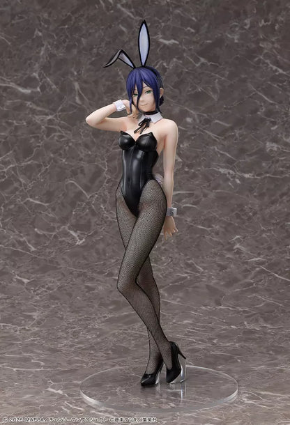 Reze bunny figure in a black bunny suit and fishnet tights on a clear round base against a marble backdrop.