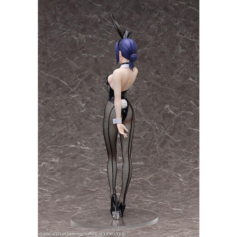 Rear three-quarter view of Reze bunny figure with purple hair, black bunny ears and fishnet tights.
