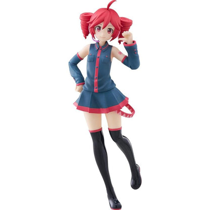 Kasane Teto figure with red twin-drill hair, blue and red outfit, and black thigh-high boots.