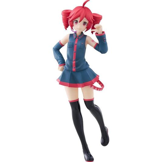 Kasane Teto figure with red twin-drill hair, blue and red outfit, and black thigh-high boots.